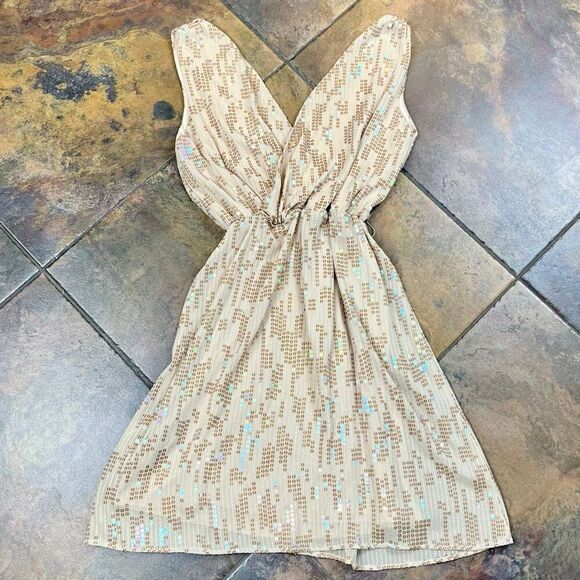 Express Tan Gold Deep V Neck Sleeveless Dress w Sequins XS - Picture 8 of 11